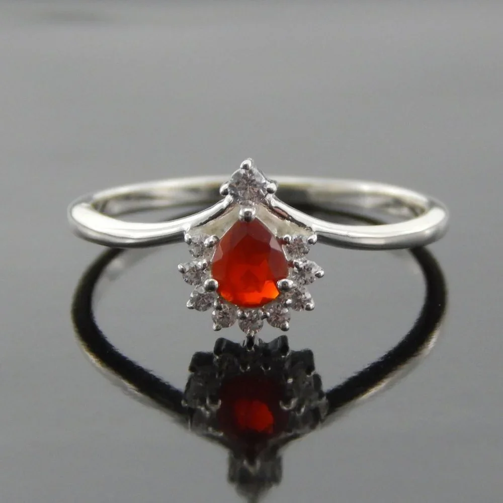 Genuine Mexican Fire Opal Pear Cut Ring in 925 Silver